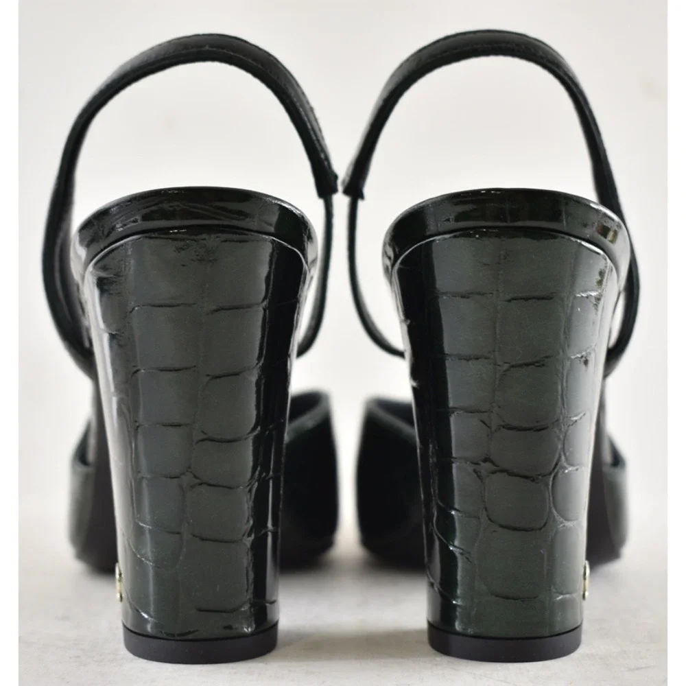 Chanel 26A Green Black Crocodile Croc Coco Sling Slingback Block Heel Pump 39.5c